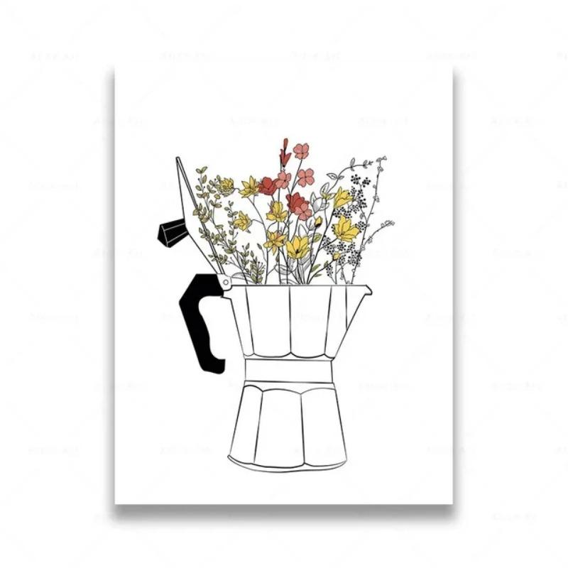 Nordic Coffee Shop Canvas Painting  Minimalist Line Art of Coffee Mugs  Flowers  Kitchen Wall Decor Posters  Prints  Modern Home