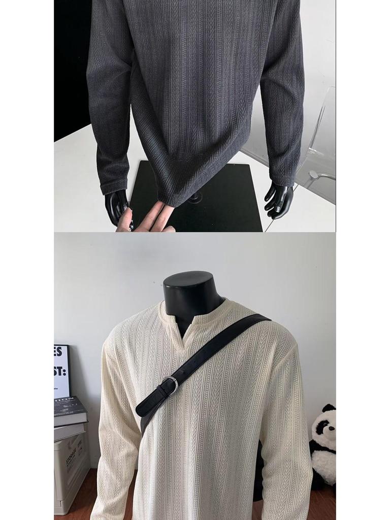 Men's High-End Jacquard Hoodie: Wrinkled Waffle Knit Long Sleeve T-Shirt with Elastic Padded Shoulders