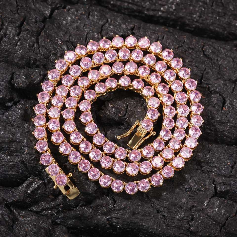 

High quality hip-hop rap artist jewelry, 3-clawed set women s pink, single row mesh рожевий