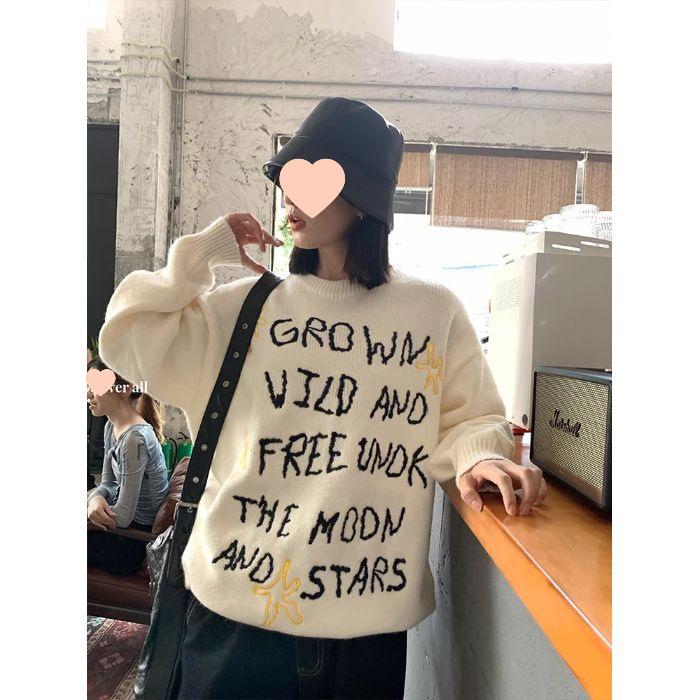 

Свитер свободного кроя с вышивкой в корейском стиле - Женская осенне-зимняя верхняя одежда с круглым вырезом S (suggested for 80-95 jin)