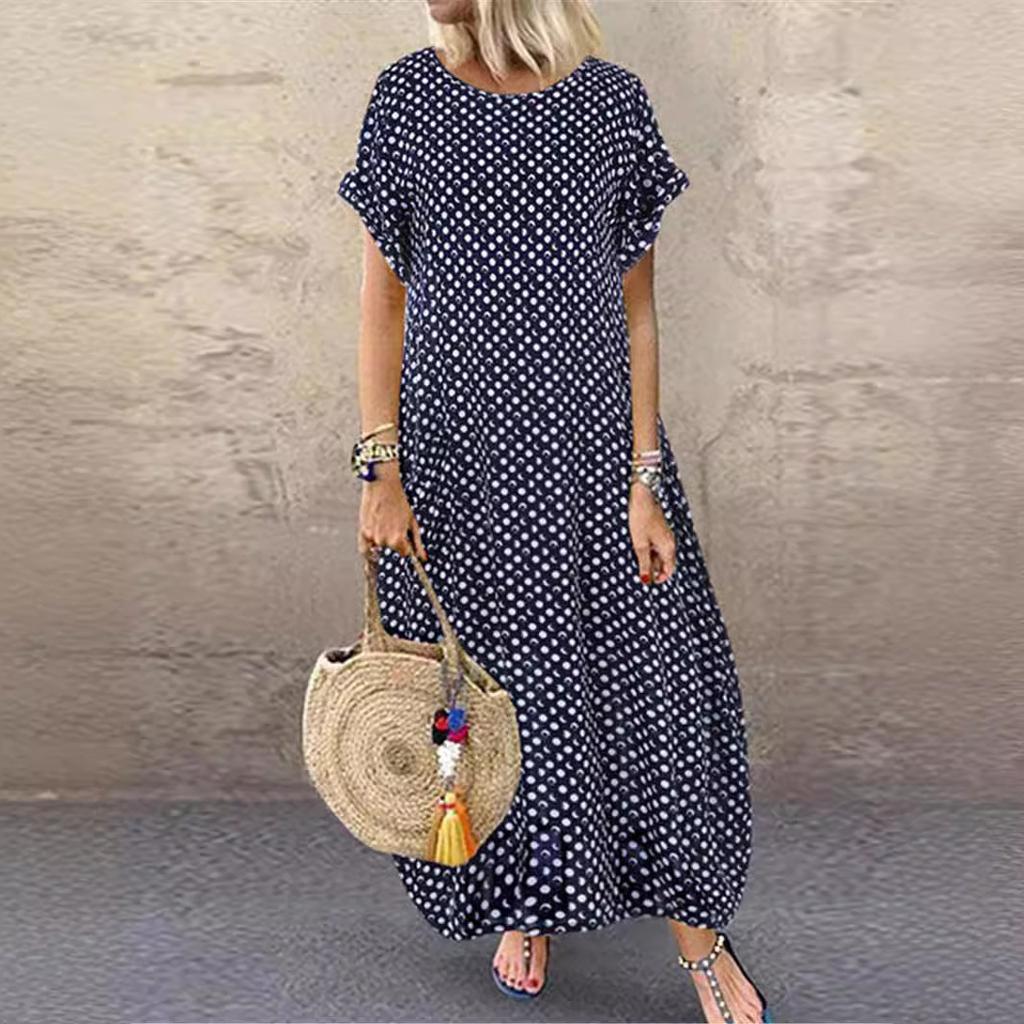 Women's Summer Long Dress Crew Neck Short Sleeve Maxi Dress Casual Dot Printing Bohemian Dresses