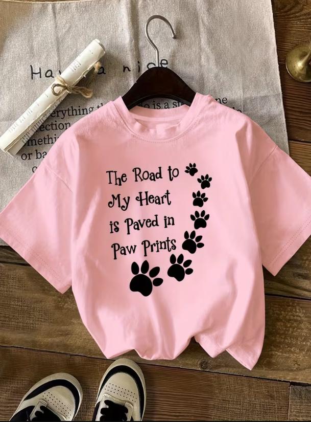 Women Pet Lover Graphic T Shirt The Road To My Heart Is Paved In Paw Prints Heart Shaped Paw Print Round Neck Short Sleeve All Season Dog Mom Casual