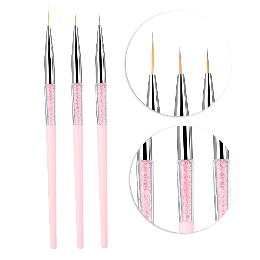 3pcs Nail Art Dotting Liner Brush UV Gel Painting Pen Drawing Tool Set Rhinestone Handle (Pink)