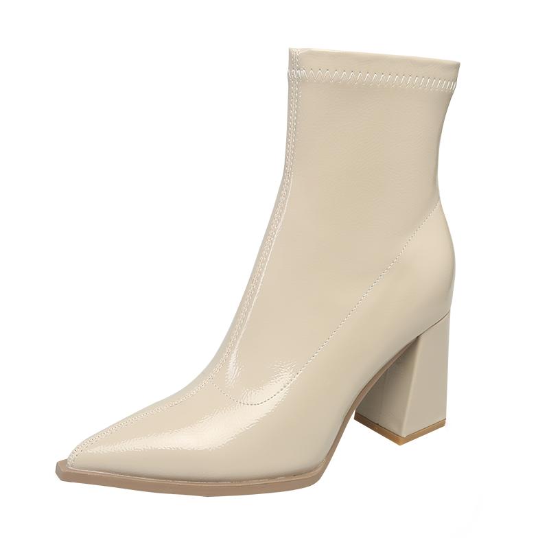 Podzim Zima Dámské Lakovaná Kůže Dámské Kotníkové Boty Špičatá Špička Krátké Kotníkové Boty Čtvercové Vysoké Podpatky Párty Lodičky Boty