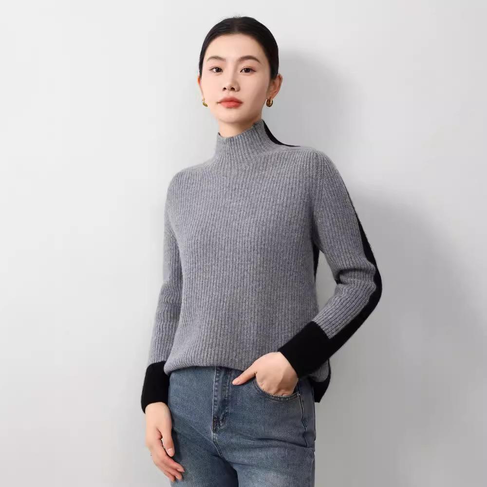 European & American Style Color Block Wool Pullover: Women's Slimming, Semi-High Neck, Autumn/Winter Fashion Knitted Sweater.