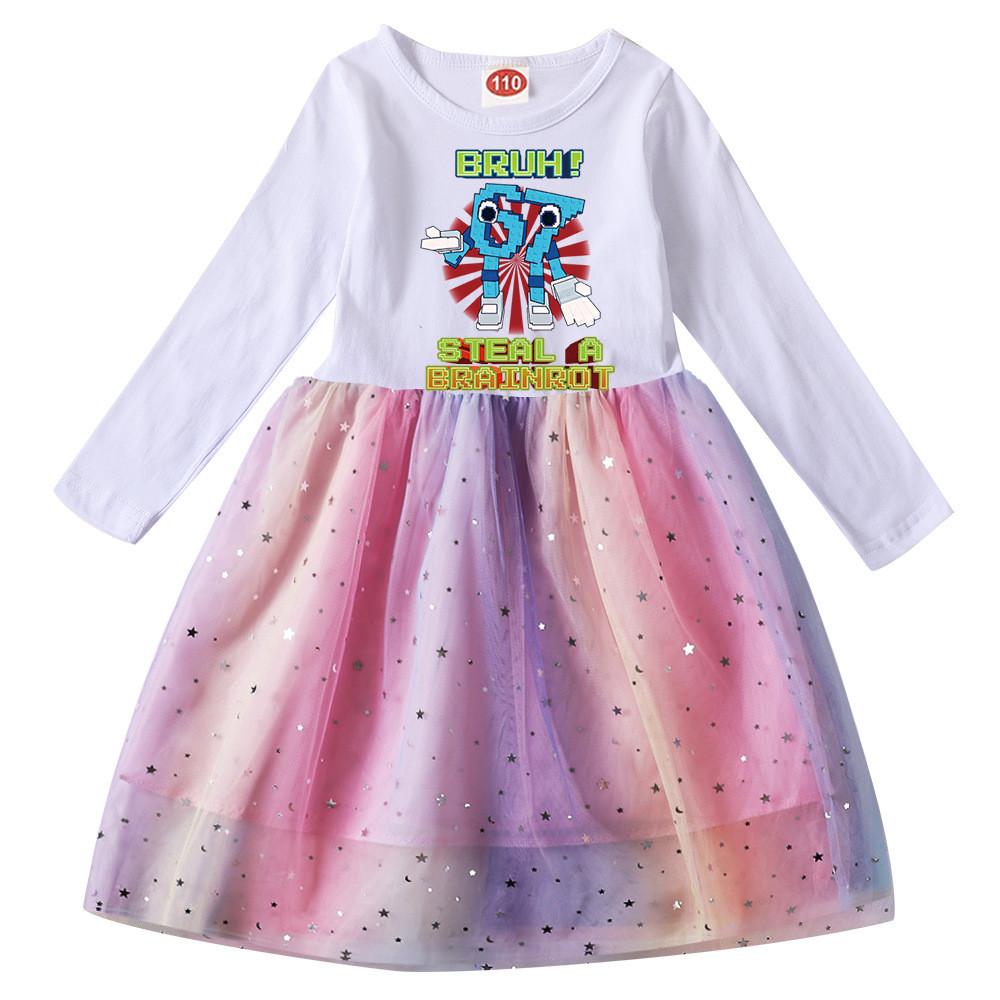 9192 Kids Girls Steal a Brainrot 67 Six Seven Print Long Sleeves Cotton Casual Sequins Rainbow Dress