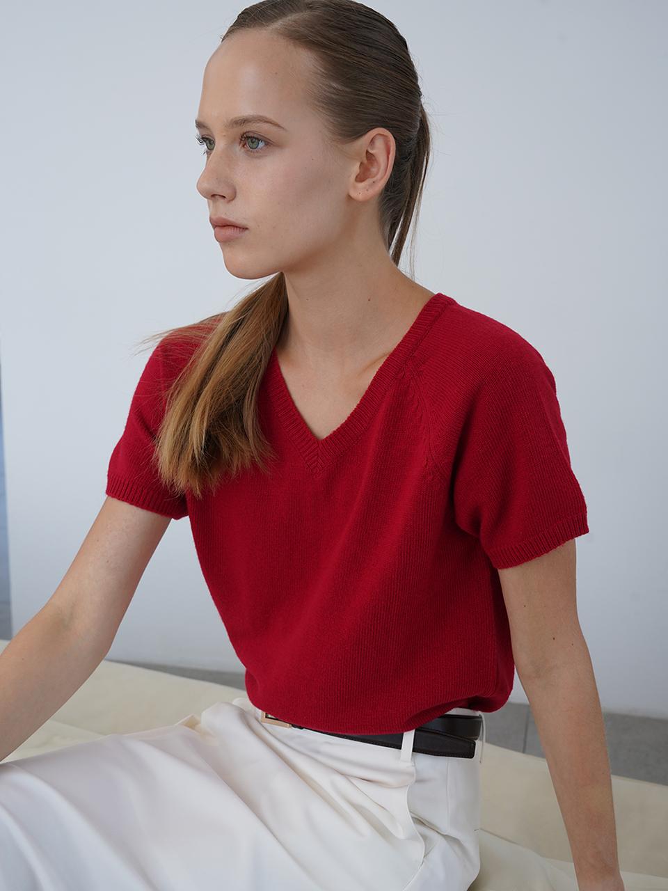 Raye Vera Cashmere Wool Half Sleeve V-Neck Knit (Red)