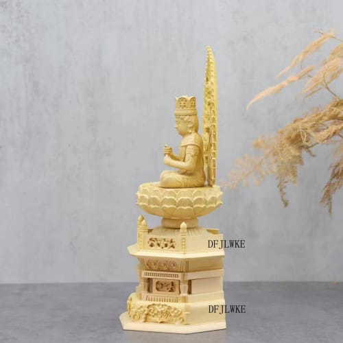 Wooden Buddha Statue of Dainichi Nyorai (Shingon Sect) Made of Boxwood with a Hexagonal Base and Flame Halo (21.5cm High X 10cm Wide) - Principal Budd