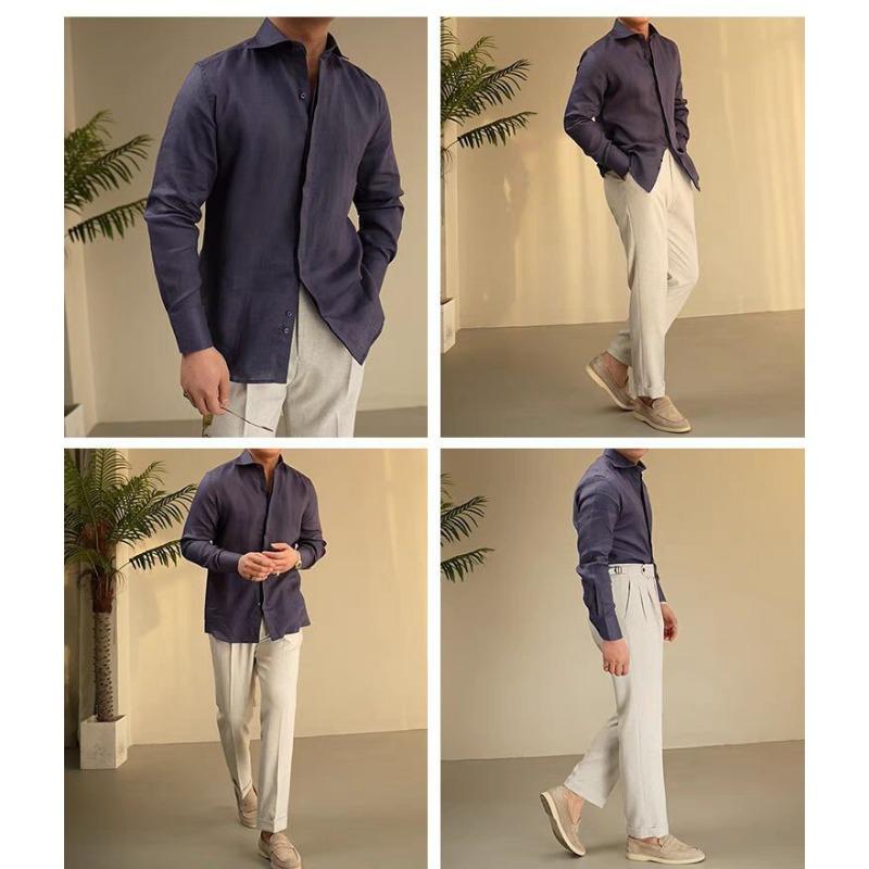 Mens Vintage Slim Fit Long Sleeve Breathable Casual Gentleman Shirt