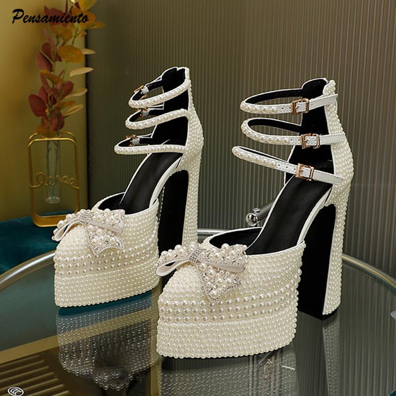 Fashion Luxury Handmade Full Pearls Rhinestones Bowknot Women Pumps Fashion Ankle Strap Platform Wedges High heels Banquet Wedding Shoes