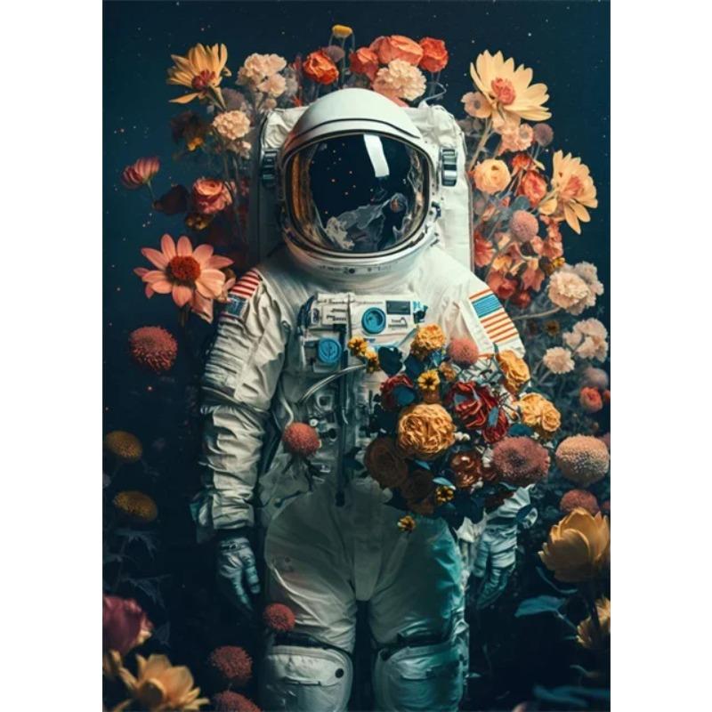 Astronaut In Flowers Canvas Painting Cosmonaut and Planet Posters Prints Modern Wall Art Pictures for Home Kid Beroom Decoration