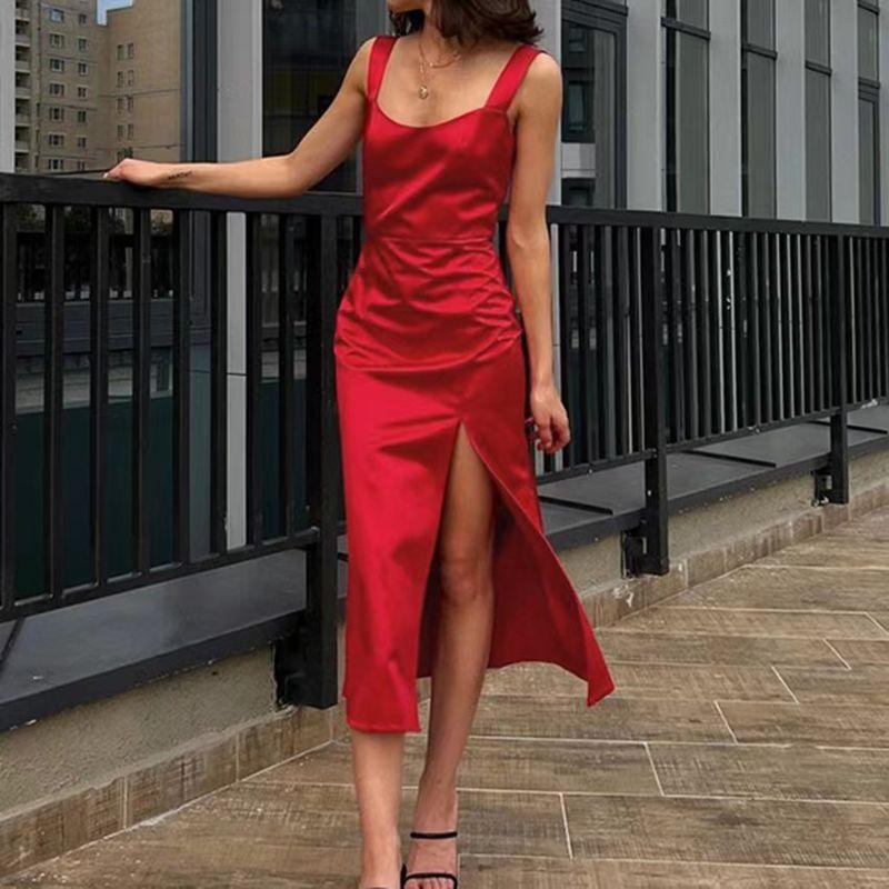 Fashion Wind Sexy Sling Stylish Slit Satin Dress Sexy Suspender Slit Dress