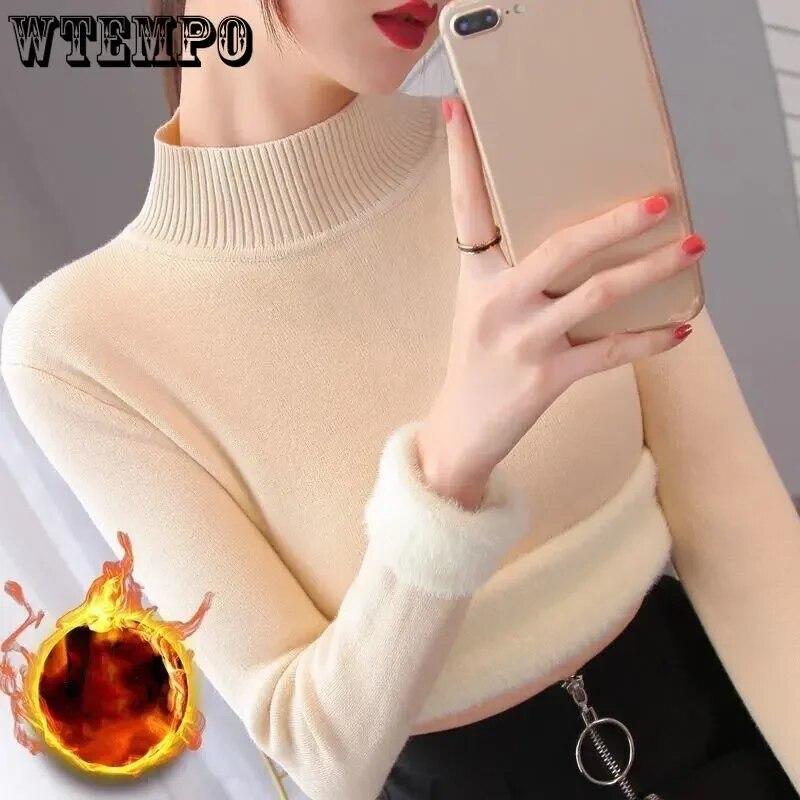 WTEMPO Vintage Turtleneck Winter Sweaters New Casual Knitted Pullover Fashion Fleece Lined Thick Warm Knitwear Women Velvet Tops