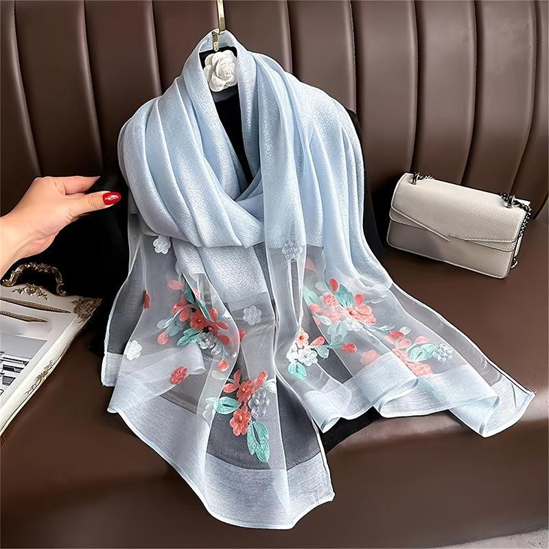 Spring and Autumn Bead Simulation Silk Scarf Female Elegant Versatile Embroidered Begonia Flower Long Scarf Summer Sunscreen Scarf