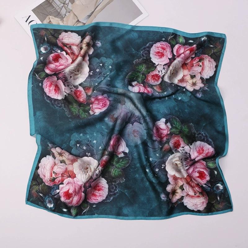 53CM Square Pure Silk Square Scarf 100% Mulberry Silk Decorative Flower Hairband Necktie Small Neckerchief for Women