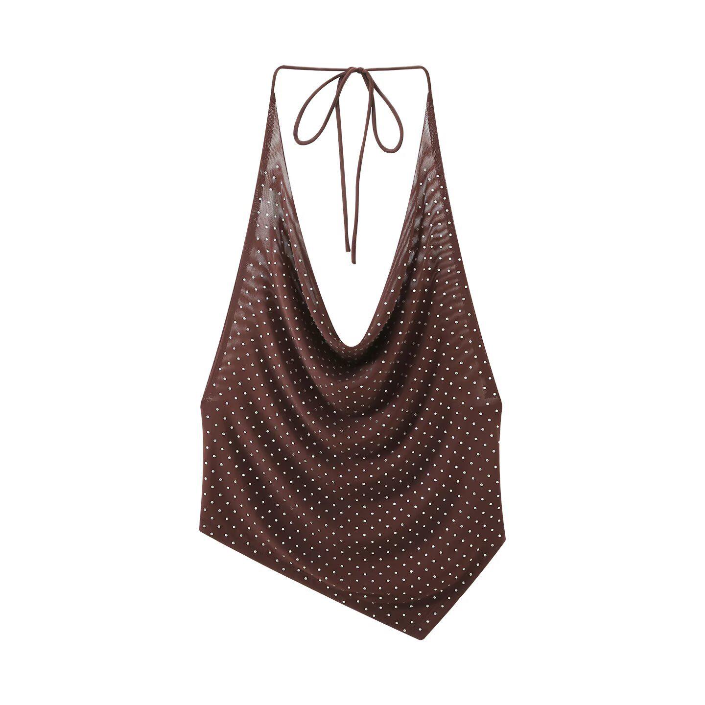 Handmade European & American Style Women s Rhinestone Silk Mesh V-Neck Camisole Medium темно-коричневого