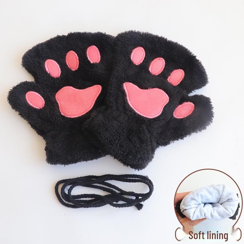 

Women s Korean Style Plush Cat Paw Half-Finger Gloves - Cute, Warm & Fleece-Lined for Students in Autumn and Winter чёрный