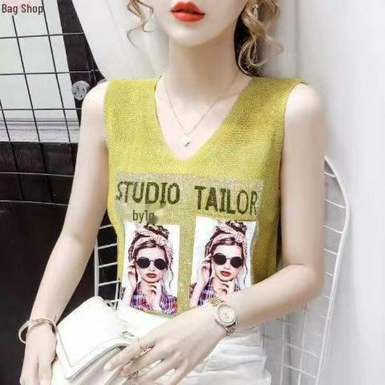 2023 Women's Shiny Silk V-Neck Sleeveless Vest: New Spring/Summer Style with Loose Fit and Diamond Accents
