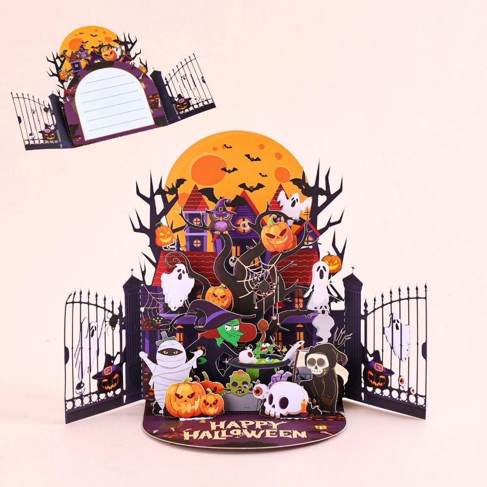 Cartoon Halloween Greeting Cards Ghost House Box Pumpkin Bat Spider 3D Pop-Up Cards Multicolor with Envelope