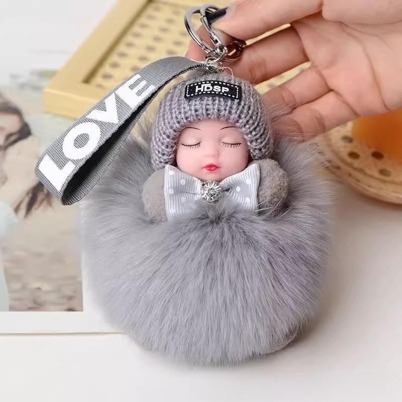 Cute Real Fox Fur Bag Pendant Sleeping Doll Car Keychain Plush Doll