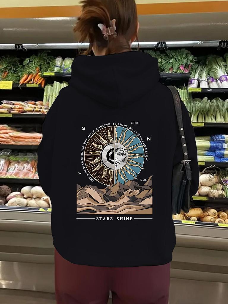 European and American Women's Kangaroo Pocket Fleece-Lined Hoodie with Stars Print - Autumn/Winter Collection
