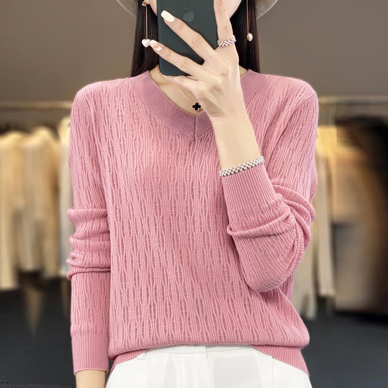 Summer 2025 Women's Plus Size V-Neck Long Sleeve Hollow Out Knit Sweater Cardigan Blouse