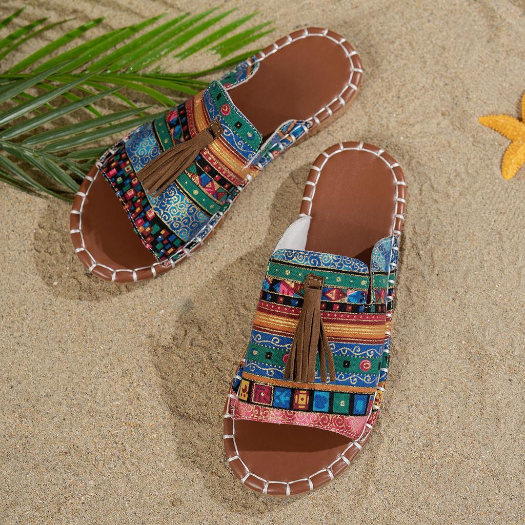 New Women's Fashion Slippers Round Toe Flat Sole Color Spelling Tassel Shoes Outdoor Beach Leisure Plus-size Zapatillas De Mujer