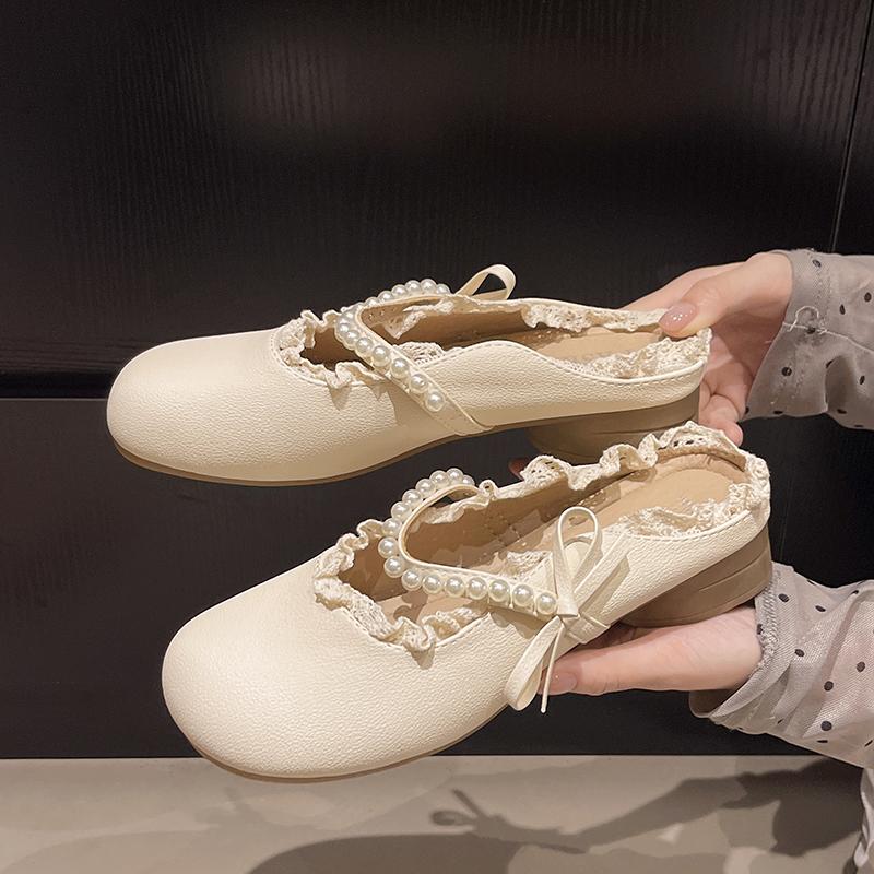 Fashion Round Toe Vintage Bow Low Heel Leather Shoes Summer New Baotou Shallow Mouth Beaded Soft Sole Mary Jane Slippers
