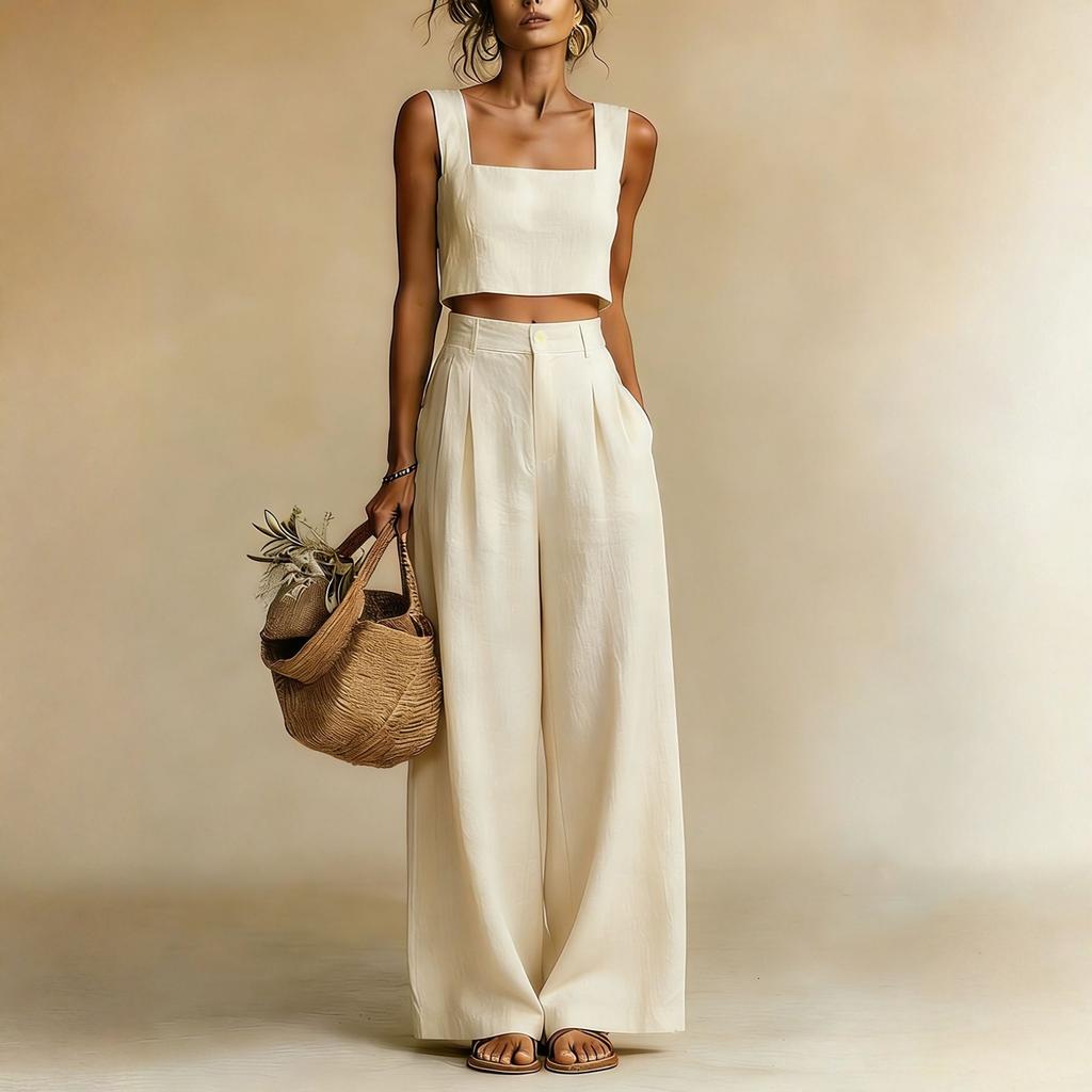 Women's Casual Square Neck Wide Leg Pants Set, Loose Sleeveless Vest Two-piece Set