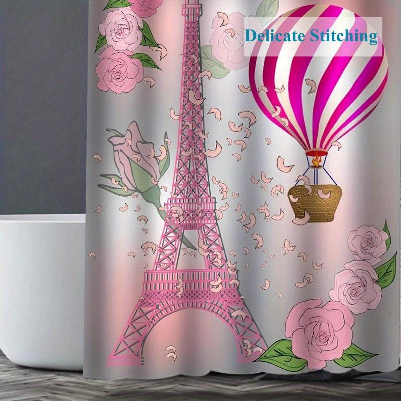 Light Pink Paris Eiffel Tower Decorative Shower Curtain With Hooks, Women'S Eiffel Tower And Flowers Romantic Couple