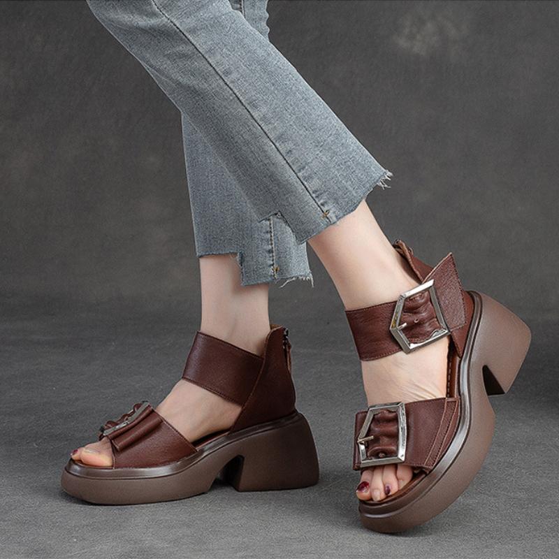 Johnature Genuine Leather Peep Toe High Heel Sandals Women Retro Comfortable Breathable Thick Sole Shoes