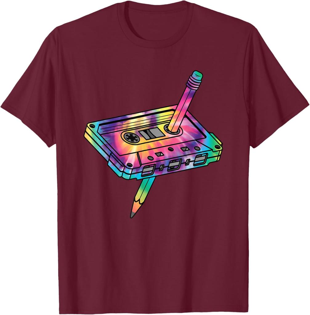 Retro Cassette Tape Tie Dye Graphic Tee 80s 90s Music Lover Casual Cotton T-Shirt