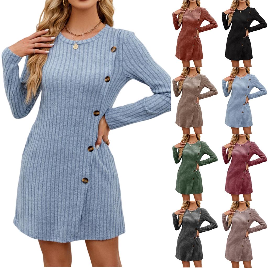 Women's Fashion Solid Color Round Neck Side Button Pocket Long Sleeve Loose Dress