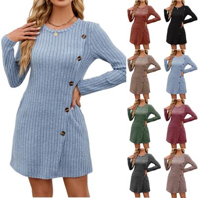 Women's Fashion Solid Color Round Neck Side Button Pocket Long Sleeve Loose Dress
