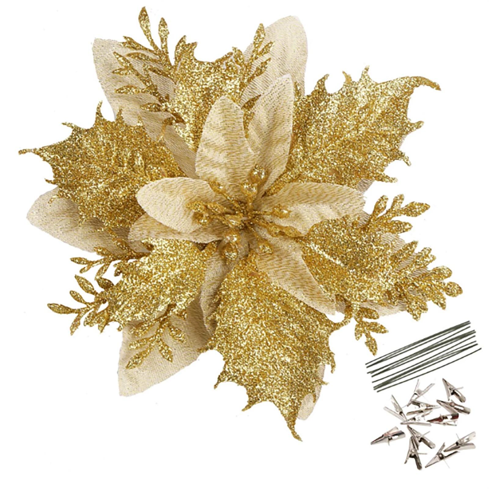 

20 шт. рождественские украшения из пуансеттии, цветы, украшения для рождественской елки, венок, гирлянда золотой