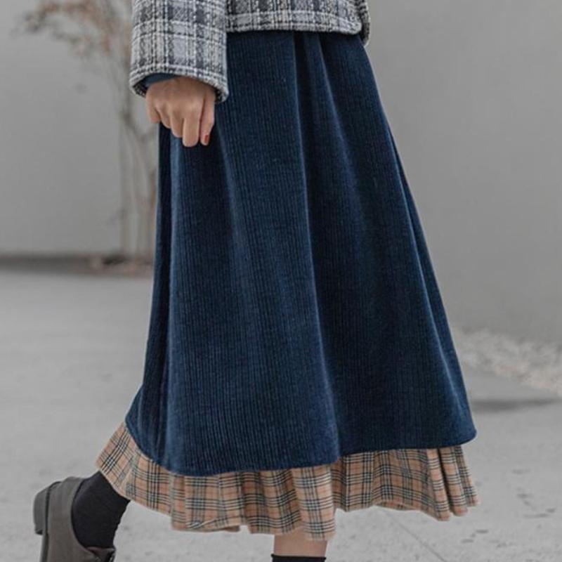Retro Corduroy Women's Autumn Winter A-Line Midi Skirt Stylish Niche Plaid Color-Block Knee-Length Skirt