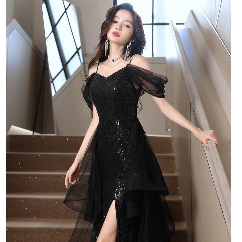 Black evening dress women's 1011 new summer high-end light luxury birthday party host adult dress