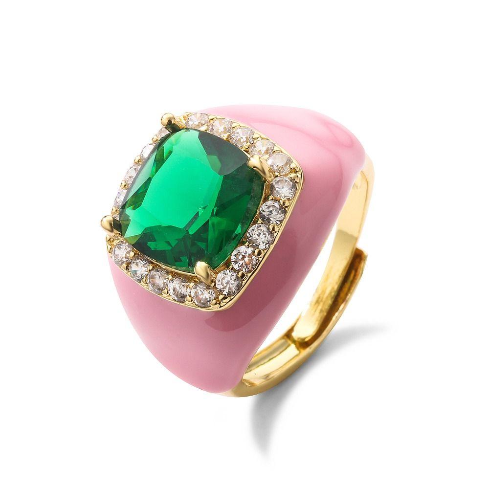 Gold Plated Zircon Open Ring Multicolor Geometric Square Ring Enamel Dripping Oil Ring  For Women