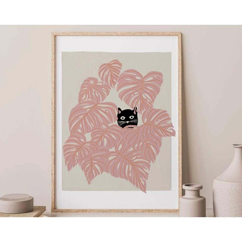 Cute Cat Print Poster Simple Cat Lines Love Sunflower Cat Wrestling Cat Cat Lover Gift Home Bedroom Living Room Office Decor