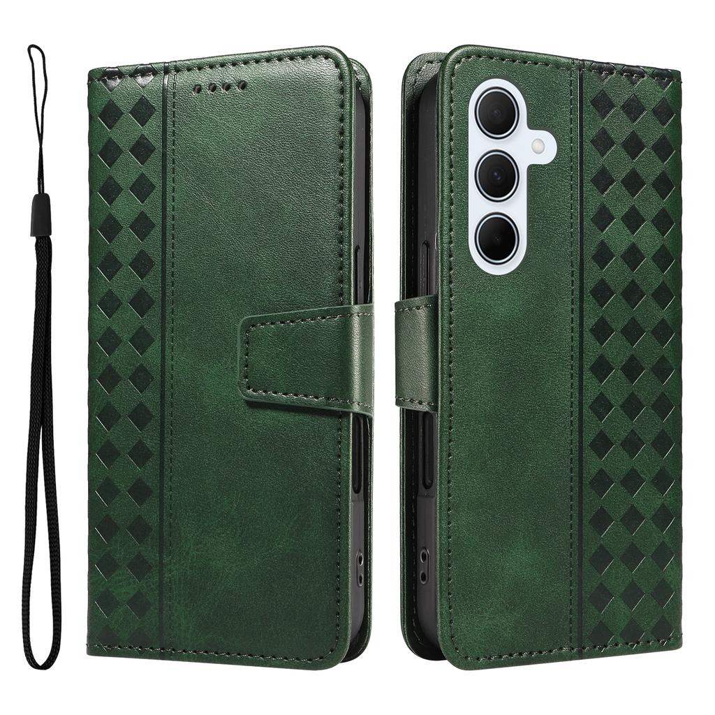 For Samsung Galaxy A35 5G Leather Case Wallet Stand Grids Imprinted Phone Cover with Strap