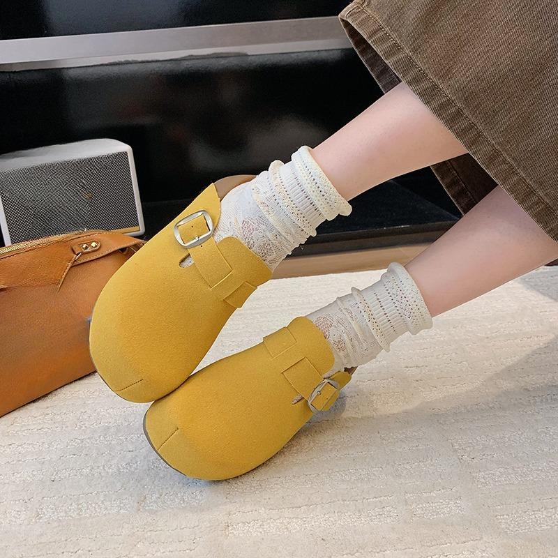 Fashion Flannelette Wrapped Slippers Autumn New Round Toe Deep Mouth Metal Belt Buckle Non-slip Platform Flats