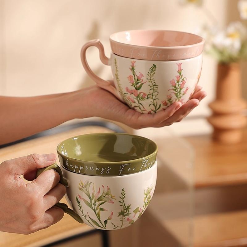 460ml Large Capacity Ceramic Cup with Cover, Breakfast Cup with Crank, Retro Rural Style Ceramic Mug Coffee Cup and Dishes Sets