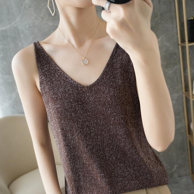 Quzhu Ice Silk V-neck Suspender for Women Slim Fit and Versatile Base Vest In Summer New Sleeveless Outer Wear Bright Silk Top