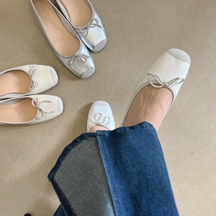 Sheepskin version~ Soft leather silver square head bow light mouth leather thin Mary Jane shoes women's flat ballet shoes