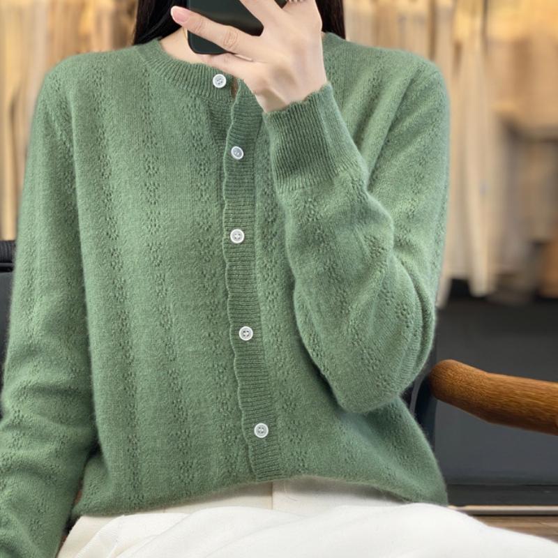 New Round Neck Hollow Wool Cardigan for Autumn and Winter for Women, Loose and Fashionable Cashmere Sweater Soft and Glutinous Skin-friendly Top