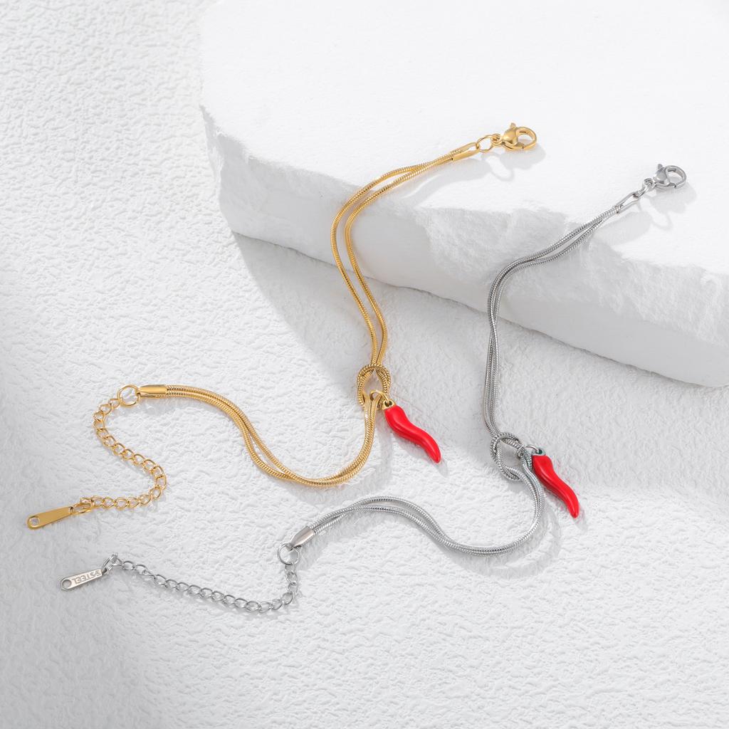 Teamer Italian Horn Charms Double Snake Chain Knot Adjustable Bracelet Stainless Steel Gold Color Valentine's Day Gift Jewelry