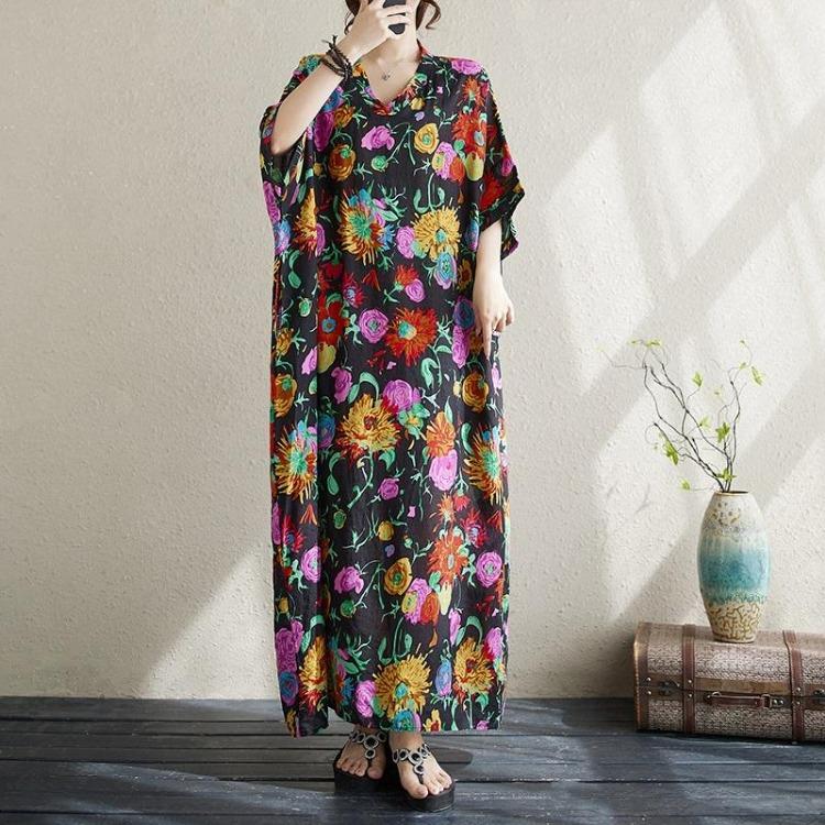 Vintage Floral Summer Dress Long Maxi Casual Loose Dresses for Women Plus Size Cotton Short Sleeve New In