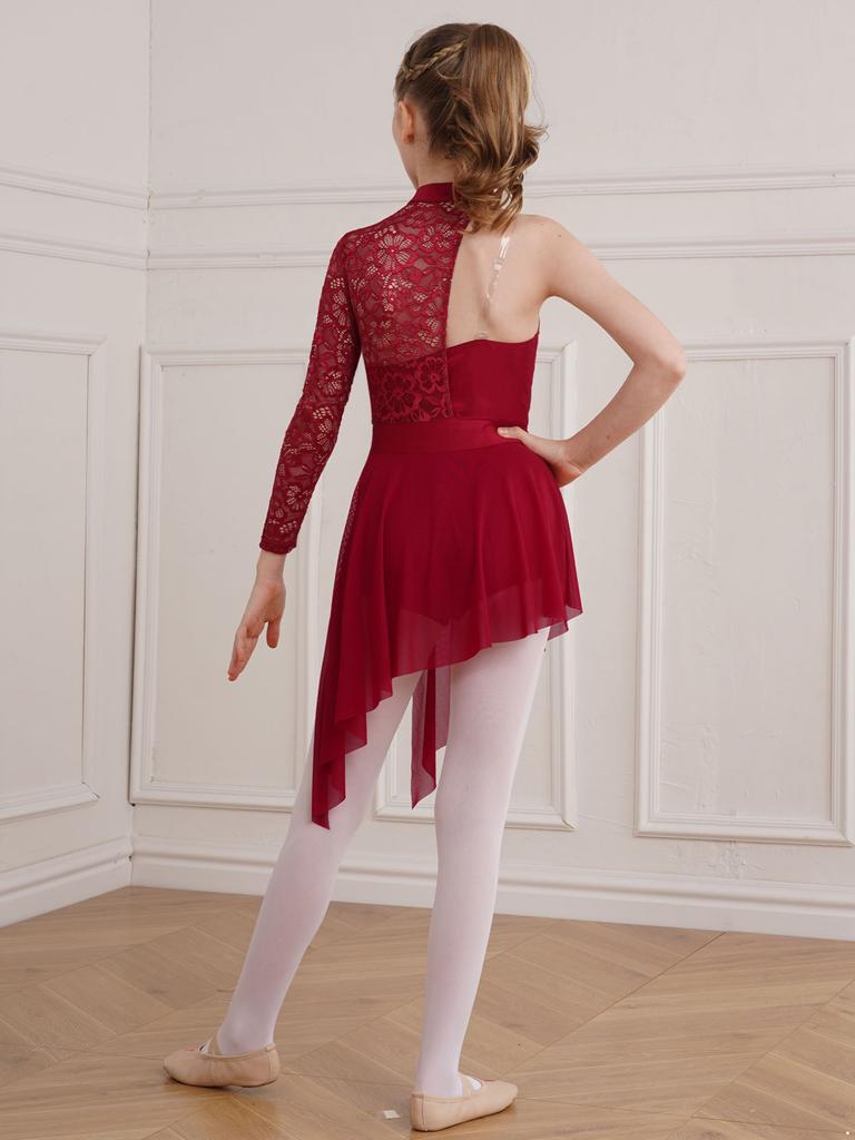 Vestido de dança lírica para meninas, vestido único de manga comprida com bainha assimétrica, malha de ginástica
