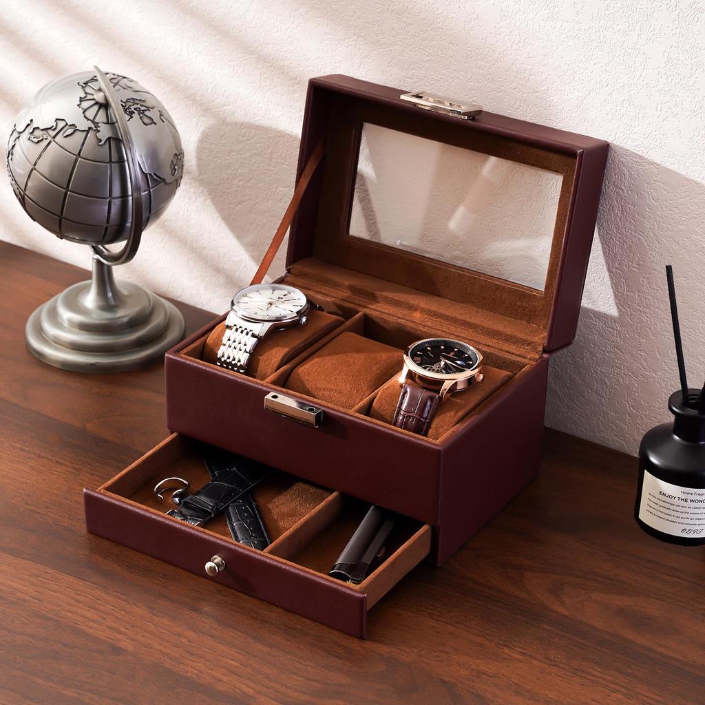 ProCase Watch 3 Slot Watch Display Case with Watch Case with Glass 2 Layer Jewelry Storage Holder Organizer Men's Box, Drawer, Men's Lid,