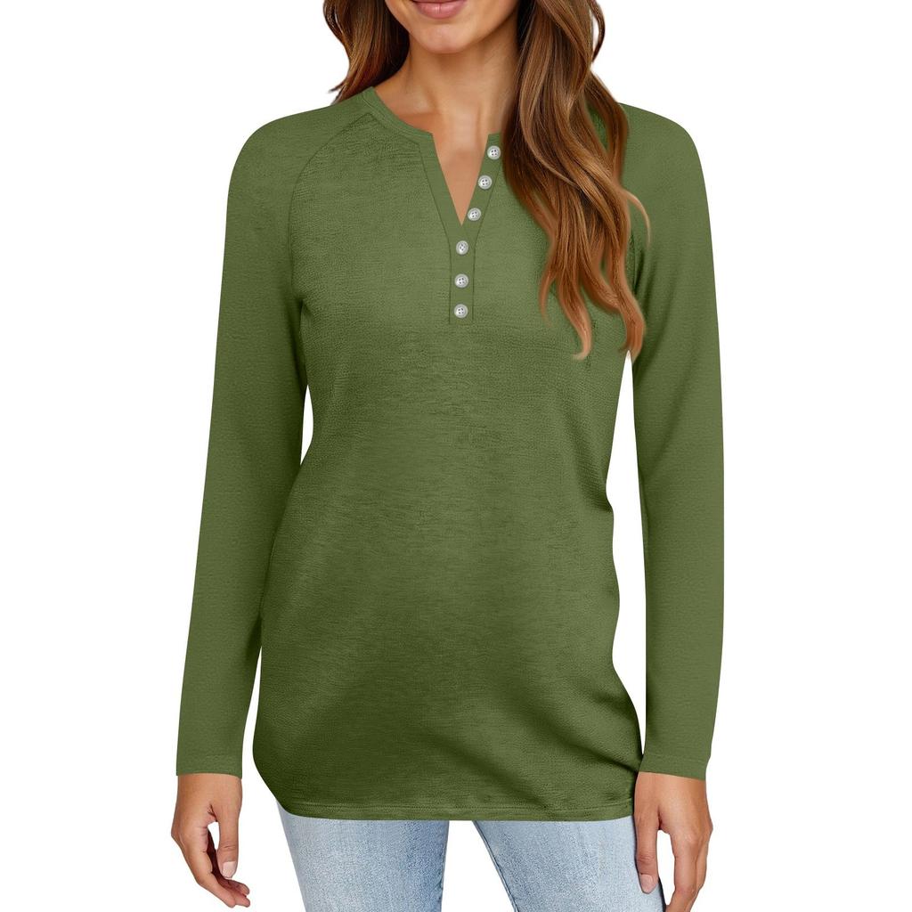 Women's T Shirt Solid Color Button Long Sleeve Daily Weekend Fashion Basic V- Neck Regular Top